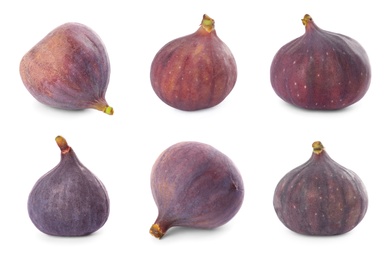 Set of tasty figs on white background