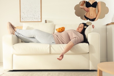 Overweight woman dreaming about slim body on sofa at home. Weight loss concept