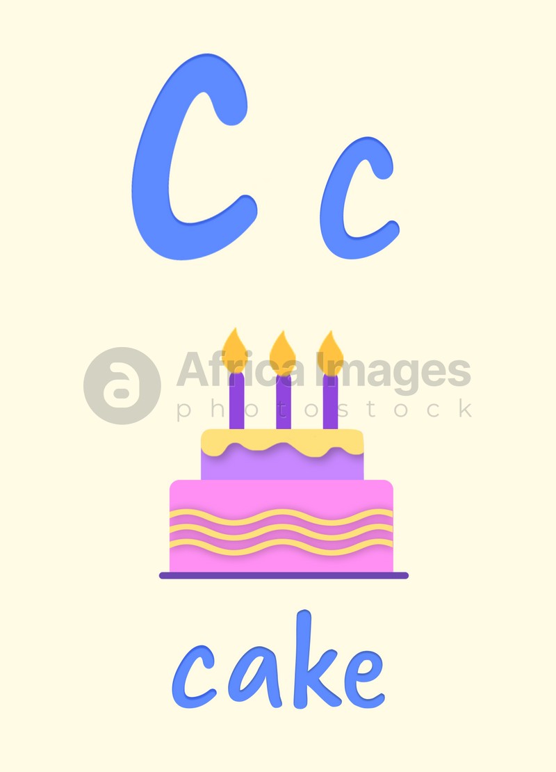 Learning English alphabet. Card with letter C and cake, illustration