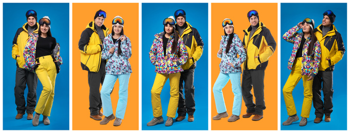 Collage of couple wearing winter sports clothes on color backgrounds