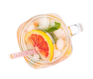 Delicious refreshing drink with sicilian orange, fresh mint and ice cubes in mason jar isolated on white, top view