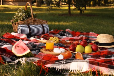 Picnic basket, food and drinks on plaid in summer park