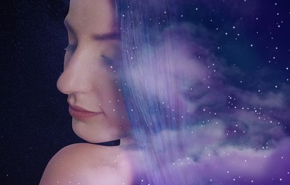 Double exposure of beautiful woman and starry sky with clouds. Astrology concept