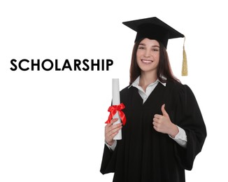 Image of Scholarship concept. Happy student in academic dress with diploma showing thumbs up on white background