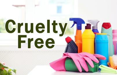 Cruelty free concept. Cleaning products not tested on animals in room 