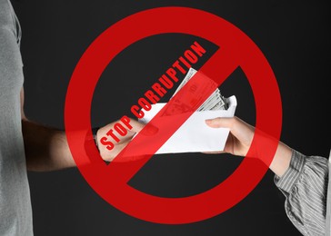 Stop corruption. Illustration of red prohibition sign and woman giving bribe money to man on black background, closeup