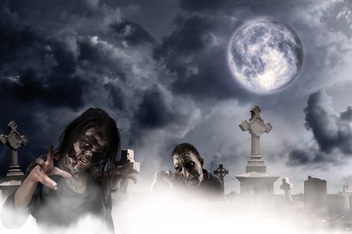 Image of Scary zombies at misty cemetery under full moon. Halloween monster 