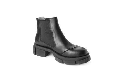 Stylish leather boot on white background. Trendy footwear