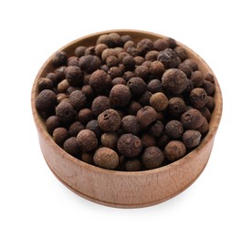 Photo of Wooden bowl of allspice grains on white background
