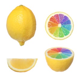 Fresh ripe lemons with rainbow segments on white background. Brighten your life