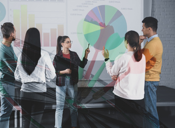 Image of People having business training and dart board with arrows. Double exposure