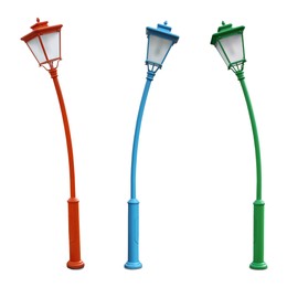 Beautiful colorful street lamps on white background, collage