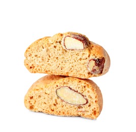 Photo of Slices of tasty cantucci on white background. Traditional Italian almond biscuits
