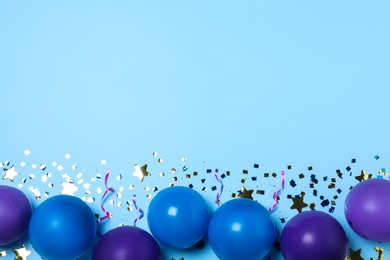 Many balloons and confetti on light blue background, flat lay with space for text. Birthday decor