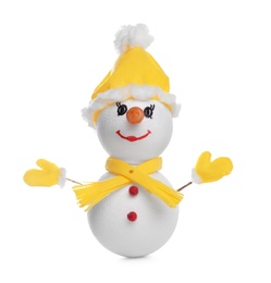 Decorative snowman with yellow hat, scarf and mittens isolated on white
