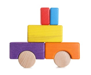 Car made of colorful wooden blocks on white background