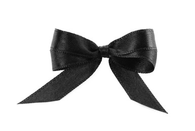 Elegant black ribbon tied in bow isolated on white, top view