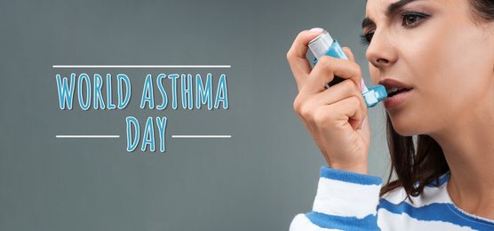 World asthma day. Young woman using inhaler on grey background, banner design