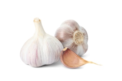 Fresh organic garlic bulbs and clove on white background