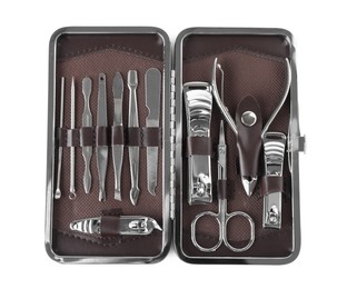 Manicure set in case isolated on white, top view