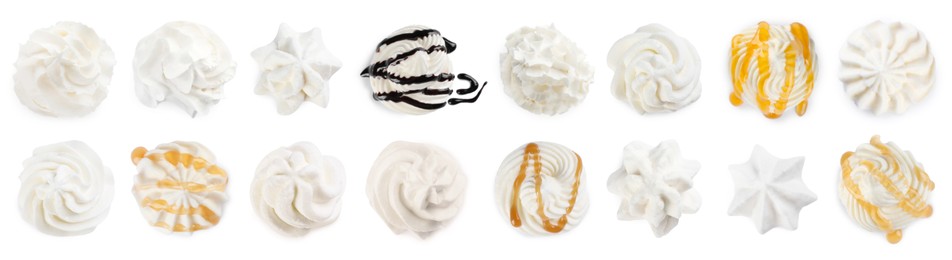 Set with delicious fresh whipped cream on white background, top view. Banner design