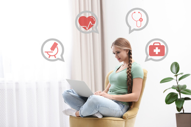 Image of Young woman with laptop in armchair at home. Medical Consultation Online