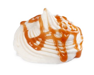 Photo of Whipped cream swirl with caramel sauce isolated on white background