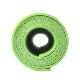 Rolled light green camping mat isolated on white