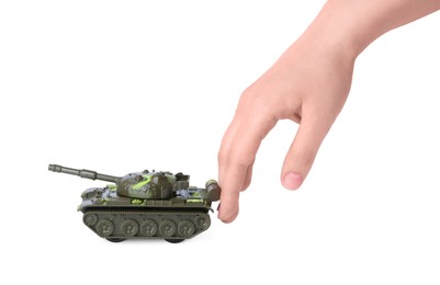 Man with toy tank on white background, closeup