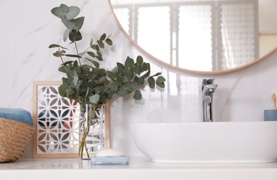 Stylish bathroom interior with beautiful eucalyptus branches and vessel sink