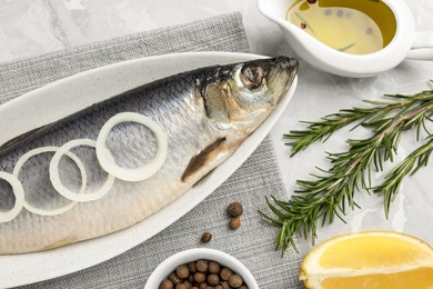 Photo of Delicious salted herring and ingredients on light grey table, flat lay