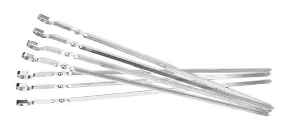 Metal skewers on white background, top view. Barbecue utensil