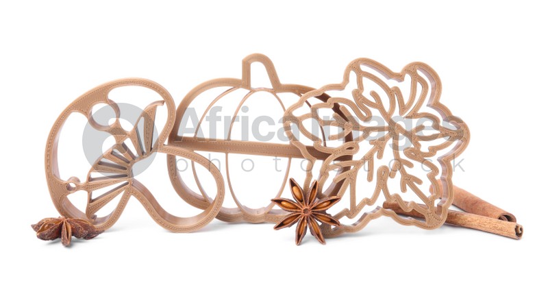 Photo of Different cookie cutters and spices on white background