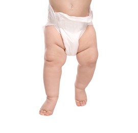 Little baby in diaper on white background, closeup