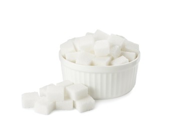 Bowl and sugar cubes isolated on white