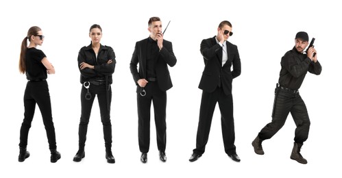 Collage of different professional security guards on white background. Banner design