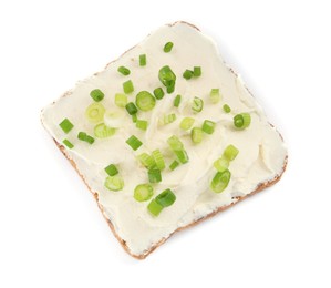 Photo of Delicious sandwich with cream cheese and chives isolated on white, top view