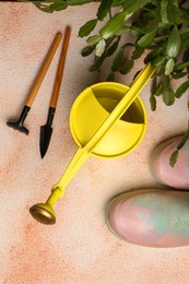 Photo of Watering can with gardening tools and green plant on color textured background, flat lay