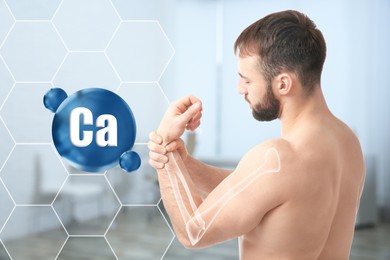 Role of calcium for human. Young man suffering from pain in wrist, digital compositing with illustration of arm bone
