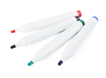 Many colorful markers on white background. School stationery