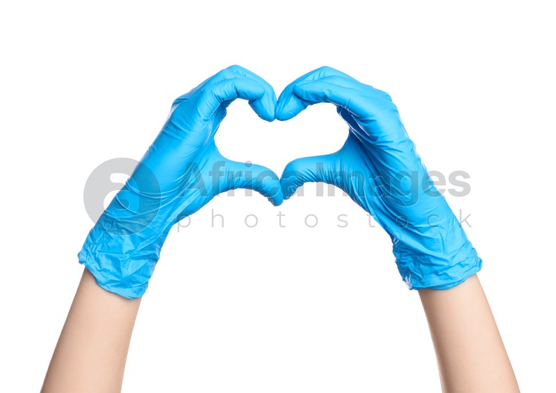 Doctor showing heart on white background, closeup of hands