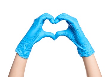 Doctor showing heart on white background, closeup of hands