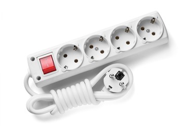 Power strip isolated on white, top view. Electrician's equipment