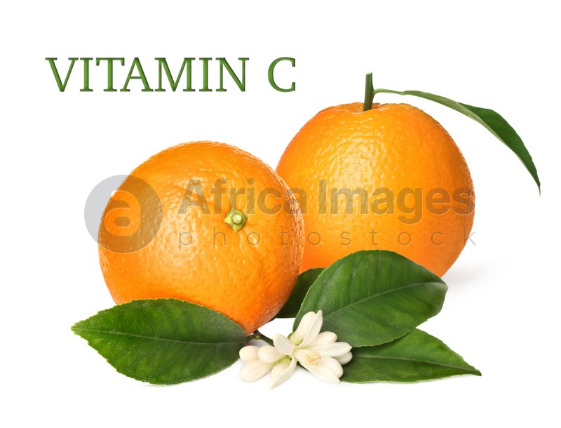 Source of Vitamin C. Tasty fresh ripe oranges on white background