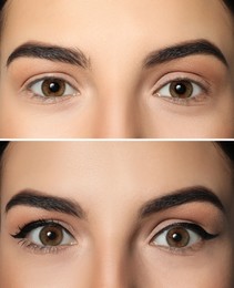 Image of Collage with photos of woman before and after applying eyeliner, closeup view