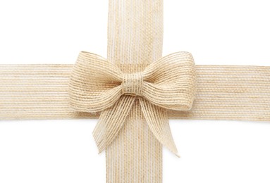 Photo of Burlap ribbons with pretty bow on white background, top view