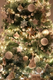 Beautiful decorated Christmas tree as background, closeup