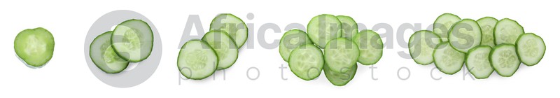 Set with slices of ripe cucumbers on white background. Banner design
