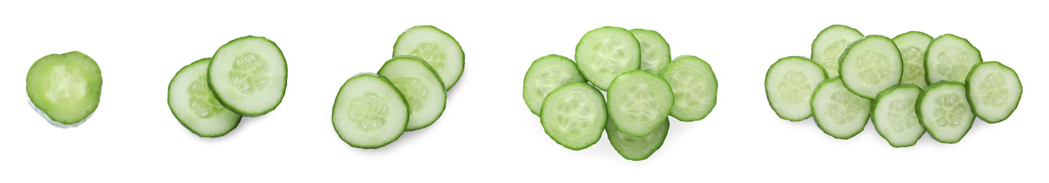 Set with slices of ripe cucumbers on white background. Banner design