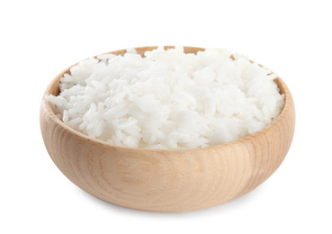 Wooden bowl with cooked rice isolated on white